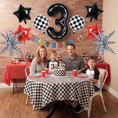 Image of TONIFUL Race Car Party Balloons Set - 40 Inch Racetrack Number 3 Foil Balloon with Checkered & Star Balloons for Boys 3rd Birthday Car Themed Decorations, Baby Shower Photo Backdrop Supplies