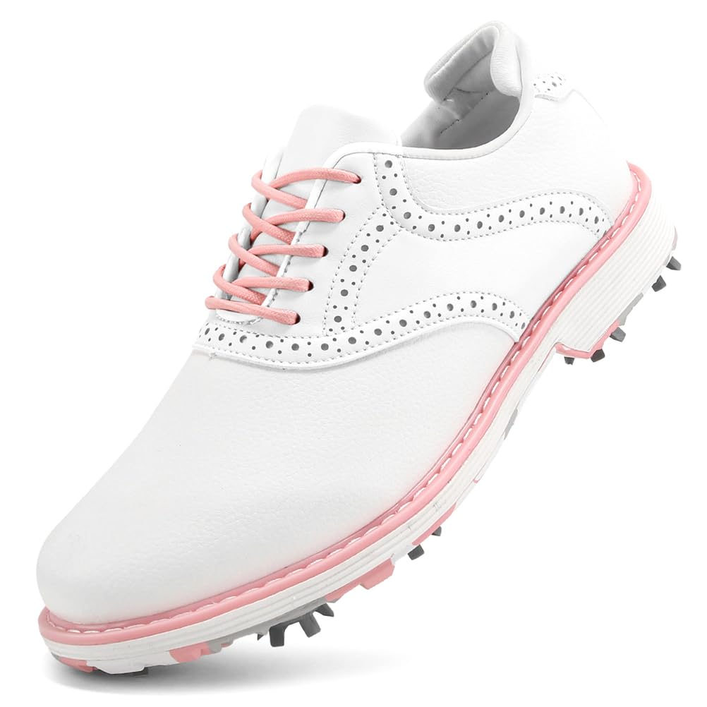 SDEQA Chaussures de Golf imperméables pour Femmes avec 9 Crampons, Baskets de Golf en Cuir pour golfeuses, Taille Plus