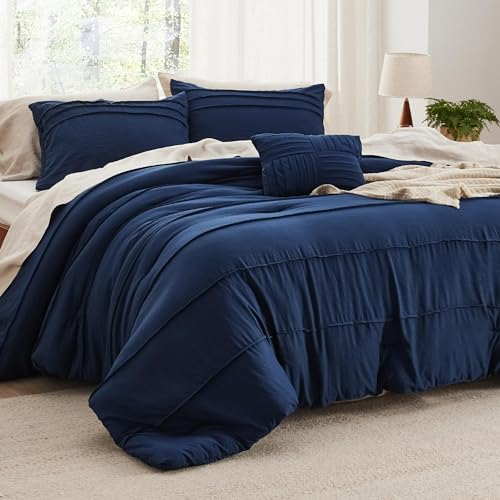 Image of Bedsure King Comforter Set - 4 Pieces Pinch Pleat Bed Set, Navy Blue Boho Bedding for All Season, 1 Soft Comforter, 2 Pillowcases, 1 Decorative Pillow