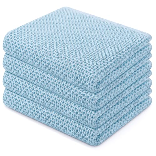 Image of Homaxy 100% Cotton Waffle Weave Kitchen Dish Towels, Ultra Soft Absorbent Quick Drying Cleaning Towel, 13 x 28 Inches, 4-Pack, Sky Blue