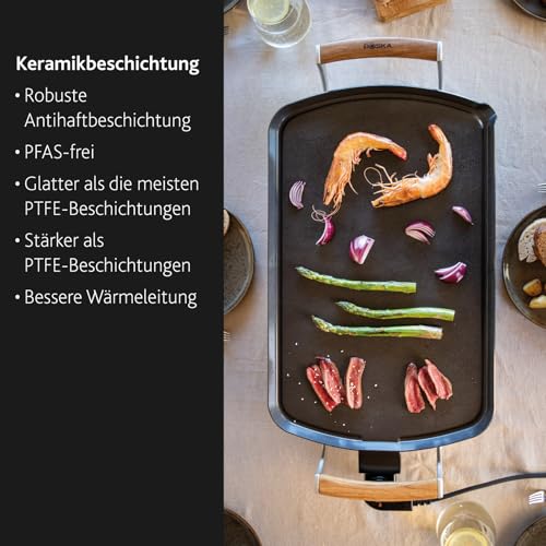 Boska Elektrische Grillplatte Pro – Tischgrills - Teppanyaki-Platte 35x56 cm – PFAS-freie Keramikbeschichtung – Temperaturregelung – Fettablauf – Griffe aus Eichenholz – Schwarz – Bild 5