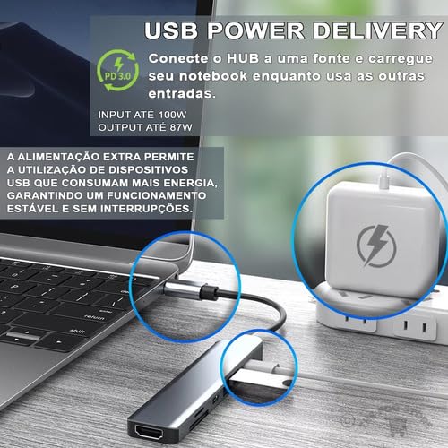 Adaptador Hub 7 em 1 Tipo C USB 3.0 Regua Pc adaptador multiportas USB C Hub com saída HDMI 4K a 60h