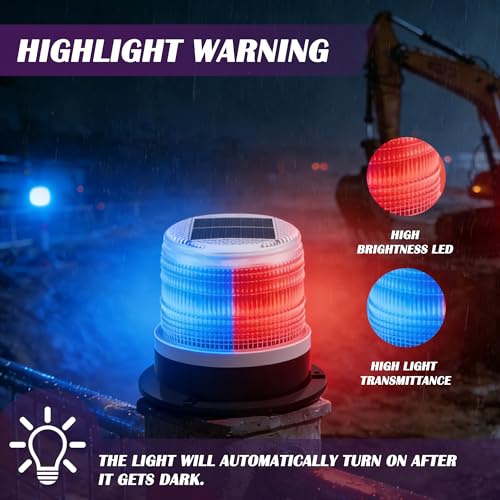 Image of Solar Strobe Warning Light: Strong Magnetic Base Waterproof Traffic Lights,Solar Safety Flashing LED Lamp for Construction, Traffic, Factory, Safety Sign, Crane Tower (White:Red and Blue Light)