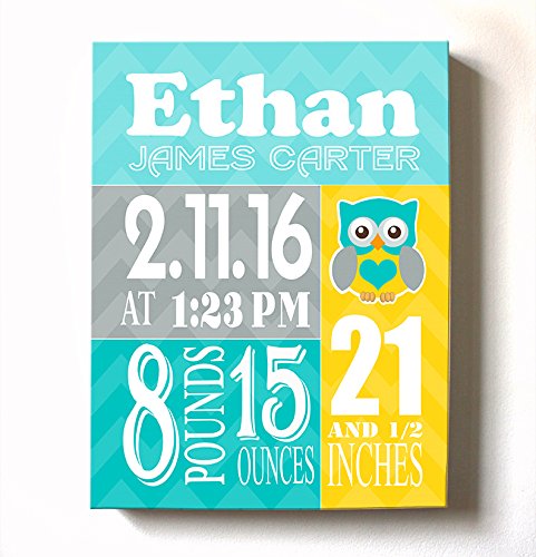 Personalized Stretched Canvas Birth Announcement Gift, Custom Baby Name, Date, Weight Stats, Newborn Owl Nursery Wall Art Decor, Wooden Frame Construction, Ready to Hang 24X30