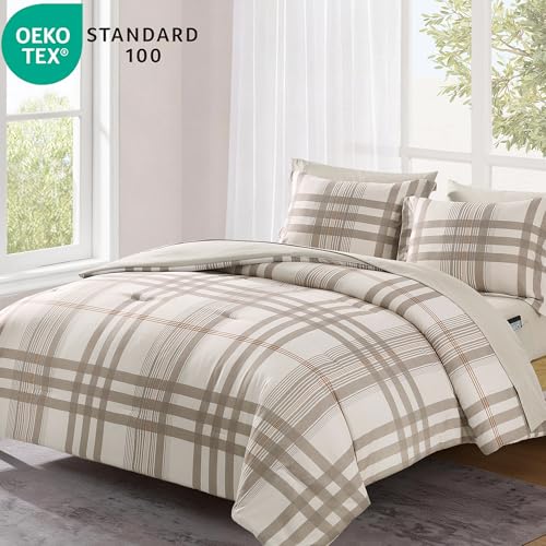 Image of MaiReve Full Size Comforter Set Brown Grey, Classic Plaid Farmhouse Bedding Sets 7 Pieces, All Season Lightweight Bed in a Bag with Sheets, Pillowcases & Shams