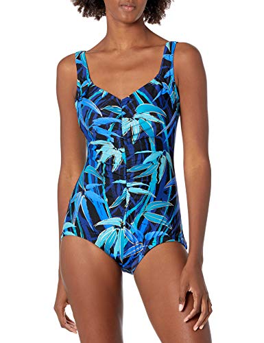 Maxine Of Hollywood Women's Shirred Front Girl Leg One Piece Swimsuit, Black//Bamboo Stripe, 6