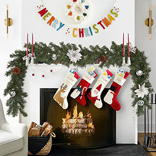 Artificial Lighted Christmas Garland, 6 FT Battery Operated Xmas Garland with Lights, White Flower and Sliver Berry Decorations Garland for Fireplace Banister Fence Decor