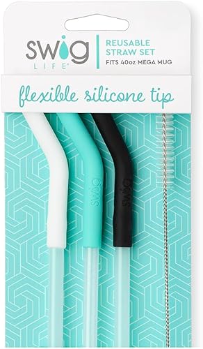 Swig Life Juego de popotes reutilizables blanco + aguamarina + negro y cepillo de limpieza, cada popote es de 14 pulgadas de largo (se adapta a