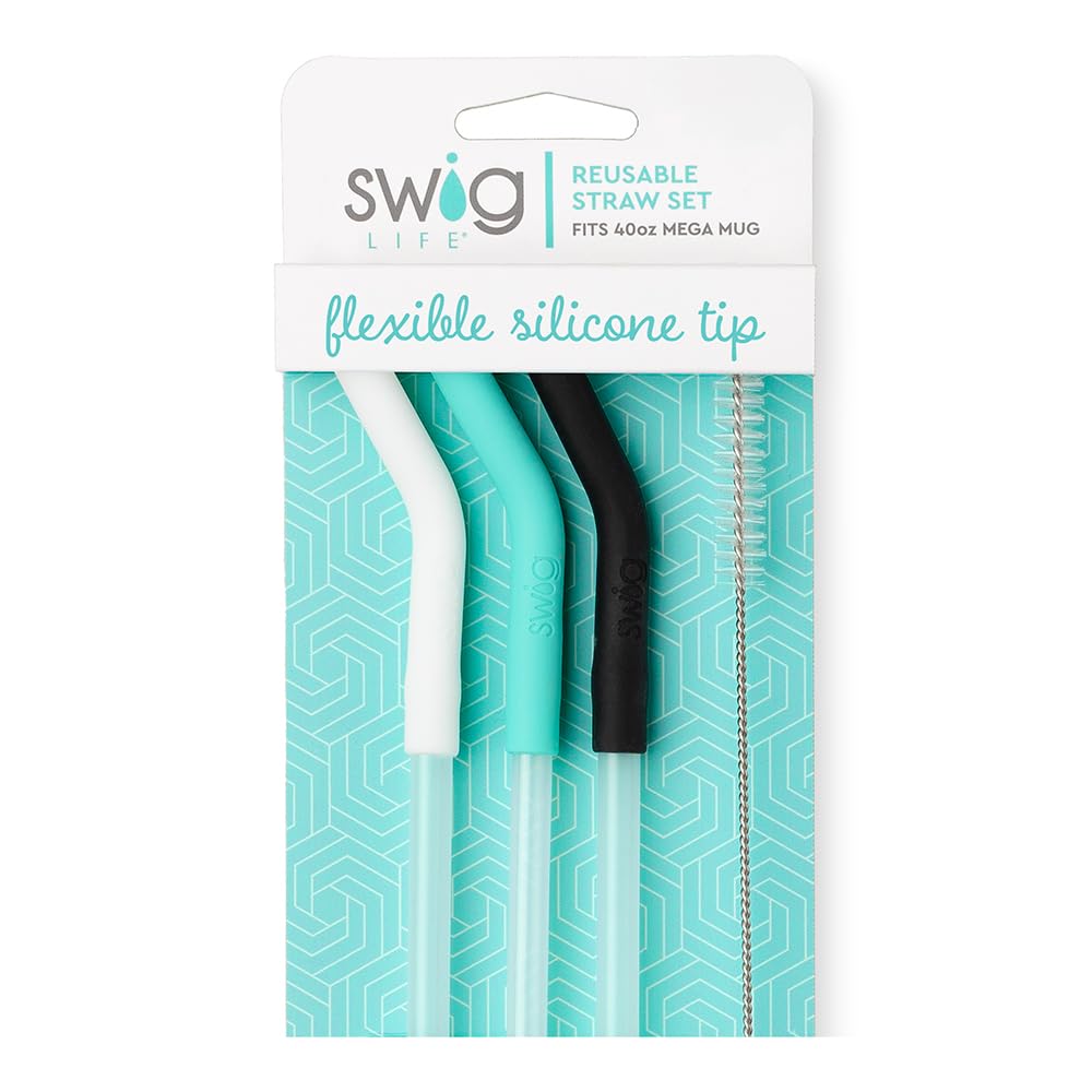 Swig Life Reusable Straw Set with Cleaning Brush, White/Aqua/Black