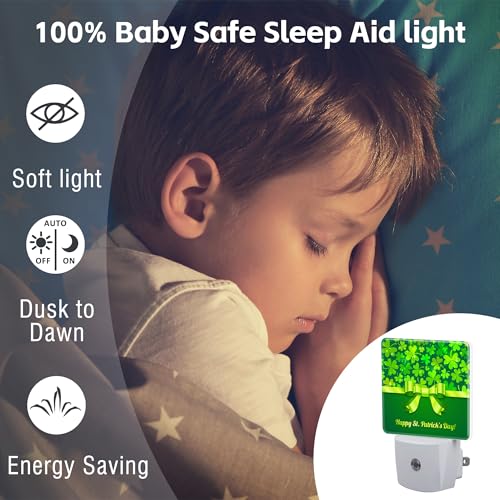 Image of Happy St Patrick's Day Night Light Plug into Wall,Green Saint Patrick's Shamrock Dusk to Dawn Night Light Plug in,0.5w Energy Saving Sleep Friendly NightLight for Kids Boys Girls Home Decor