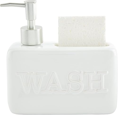 Miniatura 1 de Mud Pie Soporte para esponja de lavado con bomba de jabón, blanco, 6 1/4 "x 7"