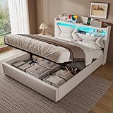 ZUUYEE Cama 140x200 con Almacenamiento, Camas Matrimoniales con LED, Puertos USB y Type-C, Somier 140x200 Hidráulico, Cama Matrimonio Camas Juveniles con Cabecero, Lino, Beige, Colchón No Incluido