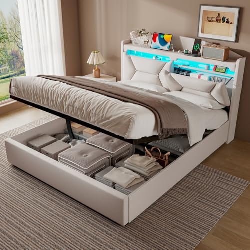 ZUUYEE Polsterbett Doppelbett 140x200 cm mit LED, USB C, Hydraulische Bett mit Stauraum und Kopfteil, Stauraumbett Bettgestell mit Metallrahmen Bettkasten und Lattenrost, Leinen, Beige, Ohne Matratze ZUUYEE Polsterbett Doppelbett 140x200 cm mit LED, USB C, Hydraulische Bett mit Stauraum und Kopfteil, Stauraumbett Bettgestell mit Metallrahmen Bettkasten und Lattenrost, Leinen, Beige, Ohne Matratze