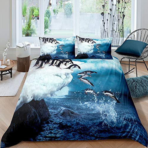 Cute Penguin Duvet Cover Polar Animal Pattern Bedding Set Funny Penguins Printed Comforter Cover for Boys Girls Kids Room Decor Winter Blue Nature Bedspread Cover Full Size with 2 Pillow Cas