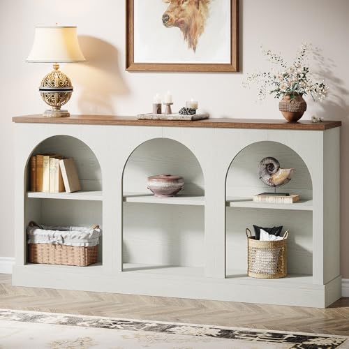 Image of Tribesigns Farmhouse Console Table, 63-Inch Long Entryway Table with 3 Tier Storage, Wooden Rectangular Sofa Table Behind The Couch for Entrance, Hallway, Living Room, Off-White and Brown