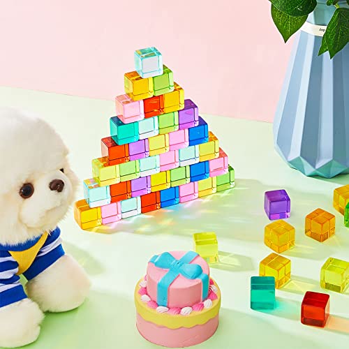 Image of Meooeck 100 Pcs Colored Acrylic Gem Cube Blocks, Translucent Rainbow Building Stacking Sensory Train Toy with Wooden Storage Box for Toddler Kid Montessori School Classroom (Cube)