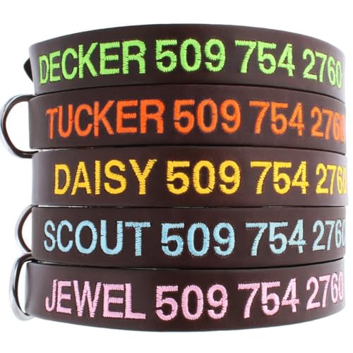 GoTags Personalized Leather Dog Collar, Custom Embroidered with Pet Name and Phone Number, Soft Leather with Rounded Edges for Comfort Fit in Small, Medium, or Large; Male or Female Dogs