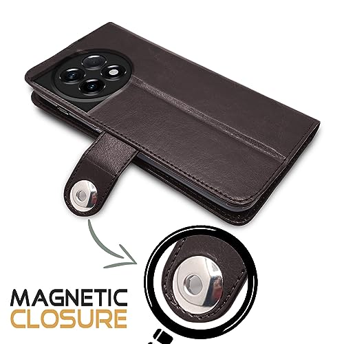 Image of Pikkme OnePlus 11R 5G Flip Cover Leather Finish | Inside TPU with Card Pockets | Wallet Stand and Shock Proof | Complete Protection Button Flip Case (Coffee)