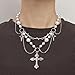 Layered Gothic Pearl Chain Necklace Men Women Silver Cross Spike Pendant Multi Strand Adjustable Statement Streetwear Fashion Jewelry Gift (Silver)