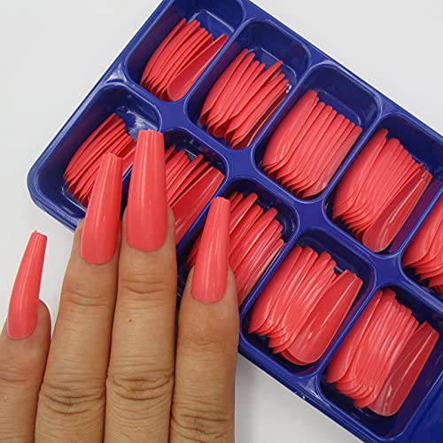 100pc Colored Long Coffin Press on Nails Glossy Ballerina Shaped Artificial Fingernails Women Teens False Acrylic Fake Nail Tips Solid Color Full Cover 10 Sizes (Coral red)