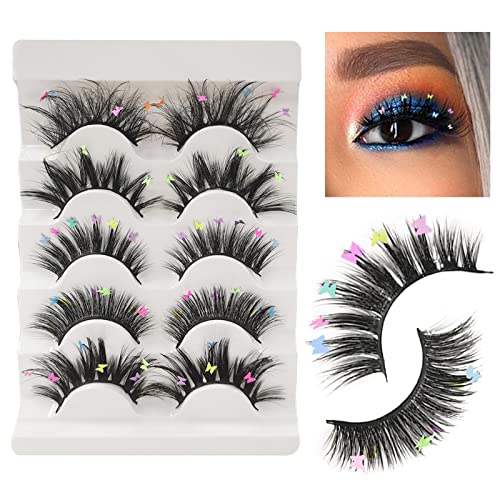 DAGEDA 3D Fake Eyelashes with Butterflies, Fluorescent Lashes Colored Fluffy False Eyelashes, Butterfly Lashes Colorful Decorative Halloween Cosplay and Christmas Costumes (5 Pairs)