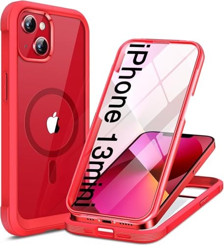 Image of Miracase for iPhone 13 mini Case 5.4 inch,Full-Body Protection,Clear Bumper Case with Built-in 9H Tempered Glass Screen Protector,Military-Grade Drop Protection Outdoor Phone Case for iPhone 13 mini,Red