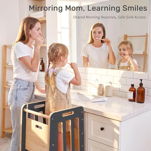 Image of WINGYZ Toddler Tower - Anti-Tip Natural Wood Learning Stool Helper for Kids 18M-6Y, 150lb Capacity Kitchen Stool with 3-Height Adjustable Platform and Sliding Door Access, 20lb Portable Design, Black