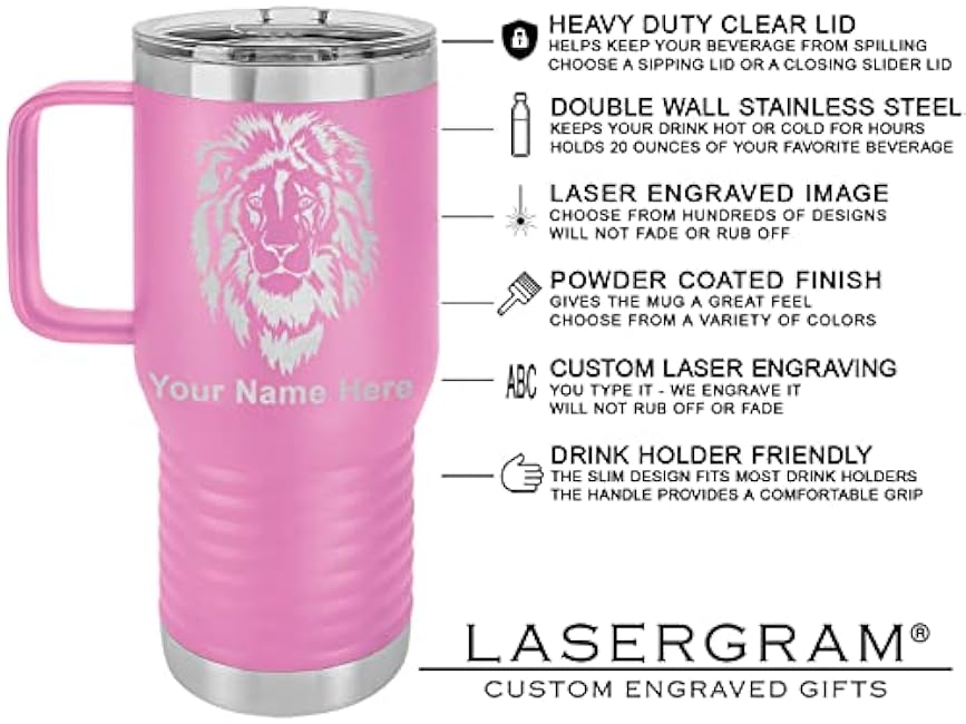 LaserGram 20oz Vacuum Insulated Travel Mug with Handle, Palm Trees, Personalized Engraving Included (Light Purple)