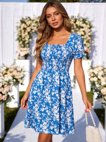 Image of Berydress Women's Summer Dresses 2026 Casual Boho Smocked Mini Sun Dress | Flowy Square Neck Short Sleeve Sundress, Floral A Line Style with Pockets, For Beach Vacation, Wedding Guest, Going Out