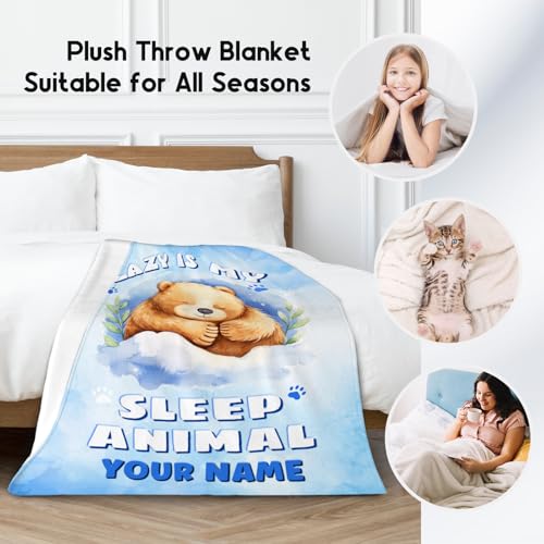 Custom Bear Blanket, Cute Soft Throw Gifts for Girls, Cozy Flannel Throw Blankets for Couch Office, Blue 40"x50"