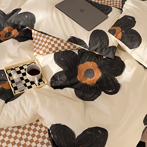 Image of KAREVER Black Floral Comforter Set Black Botanical Bedding Full Women Chic Blankets Lightweight Black Sunflower Reversible Bed Comforter Set Full Size