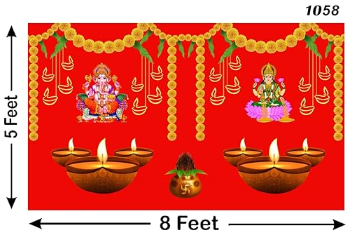 Image of Ganeshji with Goddess Laxmi MATA Diya Lamp Design Backdrop Cloth for Diwali Pooja Decoration Traditional Deepavali Festival Curtain for Festival Size 5Feet Height and 8Feet Width(5 * 8)