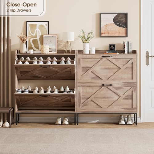 Image of Nicetree Shoe Cabinet with 2 Flip Drawers，Freestanding Shoe Storage Cabinet, Narrow Shoe Organizer Cabinet, Farmhouse Slim Shoe Rack Cabinet for Entryway,Toasted Oak