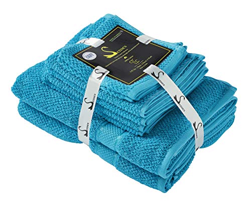 Image of SENSES by Riba Textured Rice Weave Cotton Towels Set (6 Pieces, 550 GSM, Turquoise) | Bath Towel Combo - 2 Bath, 2 Hand & 2 Wash Towels | Antimicrobial, Soft, Absorbent Ideal for Daily Use & Gifting