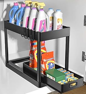 DAIFANNUO Under Sink Organizer Rack 2 Tier Under Sliding Cabinet Basket Organizer Drawer with 4 Hooks, Multi-Purpose Under Sink Storage for Bathroom Kitchen Desktop (Black2)