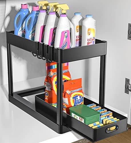 DAIFANNUO Under Sink Organizer Rack 2 Tier Under Sliding Cabinet Basket Organizer Drawer with 4 Hooks, Multi-Purpose Under Sink Storage for Bathroom Kitchen Desktop (Black2)