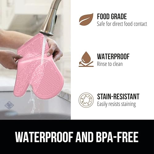 Miniatura 131 de GORILLA GRIP Juego de 4 manoplas de horno de silicona suave sin BPA y soportes para ollas, resistentes al calor, forro de algodón grueso, agarre Rojo