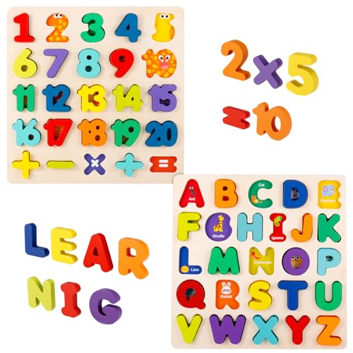 Wooden Jigsaw Puzzles for 3 4 5 Year Old, Kids Numbers & ABC