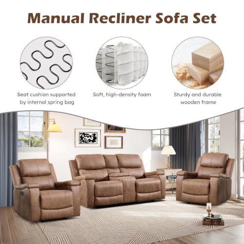Image of CANMOV Faux Leather Manual Reclining Sofa Set, 2 Manual Recliner Chairs and 2 Seat Recliner Loveseat with Center Console, Hidden Storage and Cup Holders for Living Room,Bedroom Furniture,Nut Brown