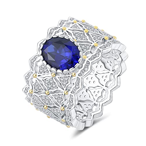 JewelryPalace Vintage Lace Bead Hollow 2.4ct Oval Cut Created Blue Sapphire Solitaire Engagement Rings for Women, 14k White Yellow Gold Plated 925 Sterling Silver Rings for Her, Gemstone Jewelry Gift7