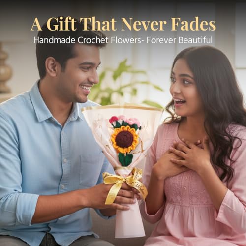 Image of HindCraft Handmade Crochet Flower Bouquet | Sunflower & Pink Rose Knitted Bouquet | Artificial Forever Flowers Gift for Birthday Anniversary Valentine Room Decor