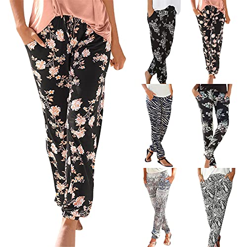Damen Freizeithose Mit Blumen Druck - High Waist Jogginghose Mit Taschen