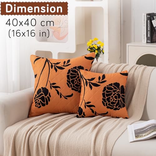 Image of HOKIPO 'Elira Series' Printed Quilted Cushion Cover for Sofa 16x16 Inches, Set of 2, Copper Brown Floral (AR-6231-C8*2)