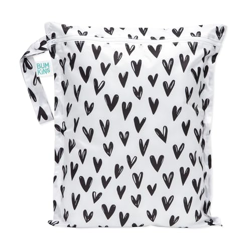 Bumkins Waterproof Wet Bag for Baby, Travel, Swim Suit, Cloth Diapers, Pump Parts, Pool, Beach, Gym Clothes, Toiletry, Hook to Stroller, Daycare, Zipper Reusable Wetdry Packing Pouch, Black Hearts