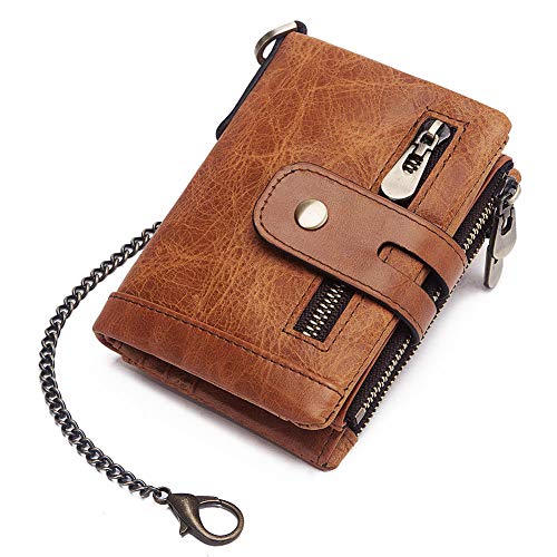 Men's Leather RFID Blocking Trifold Wallets, Boshiho Double Zipper Coin Pocket Purse with Anti-Theft Chain Bikers Wallets (Khaki)