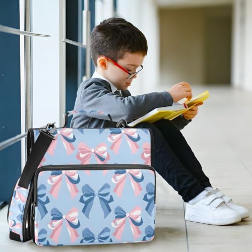 Image of 3 Ring Zipper Binder with Shoulder Strap Pink Bow Blue Pattern 1.5 inch Binders Keeper Large Capacity Multi Pockets for School Office Supplies