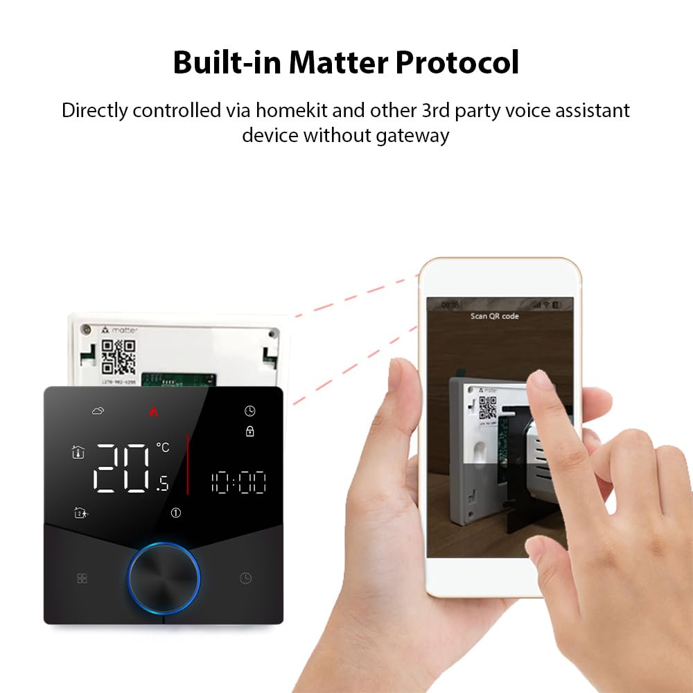 Termostato wireless Matter per riscaldamento elettrico a pavimento con controllo APP e assistente vocale Schermo touch digitale a LED colorato Manopola regolabile Controllo preciso della temper