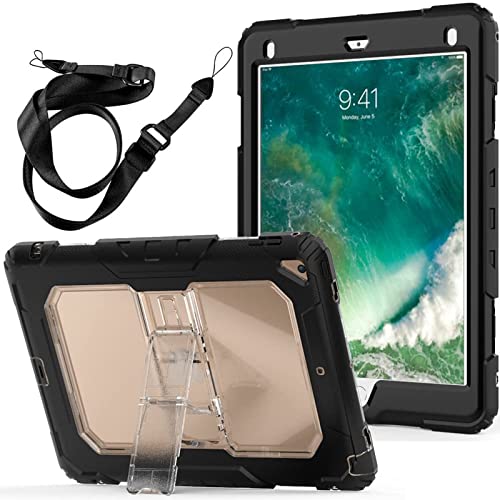 CASZONE iPad Air 2/Pro 9.7/iPad 2017/iPad 2018 Tablet Case Protective Cover with Straps Heavy Duty Three Layer Built-in Kickstand Case Black