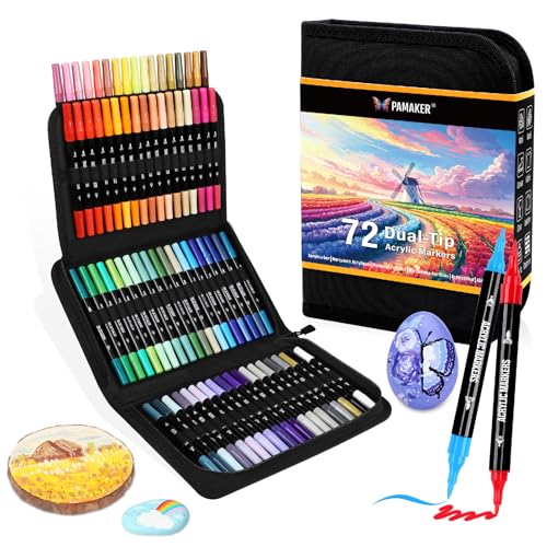 Pamaker 72 Farben Acrylstifte Set – Doppelseitige Spitzen, Multimarker für Steine, Holz, Stoff, Leinwand, Glas, Keramik in Stofftasche – Vielseitige Acrylfarben für Künstler & DIY Projekte
