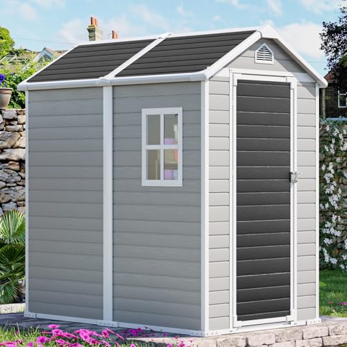 CDCASA 6x4 FT Outdoor Storage Shed, Waterproof Resin Shed with Floor & Lockable Door & Window & Vents, Plastic Tool Shed for Outside, Patio, Poolside, Dove Grey